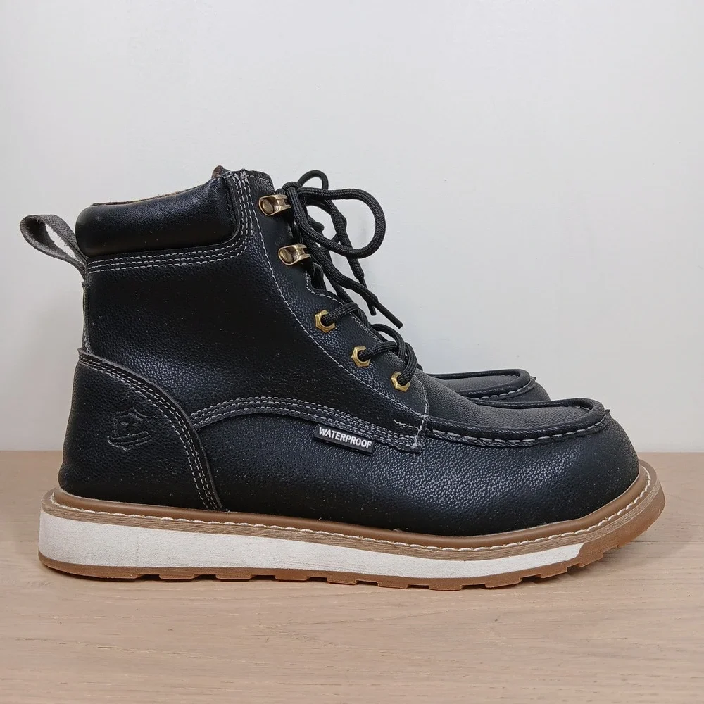 Kelodon Work Boots Mens 10 Black Leather Waterproof Moc Toe Wedge Utility